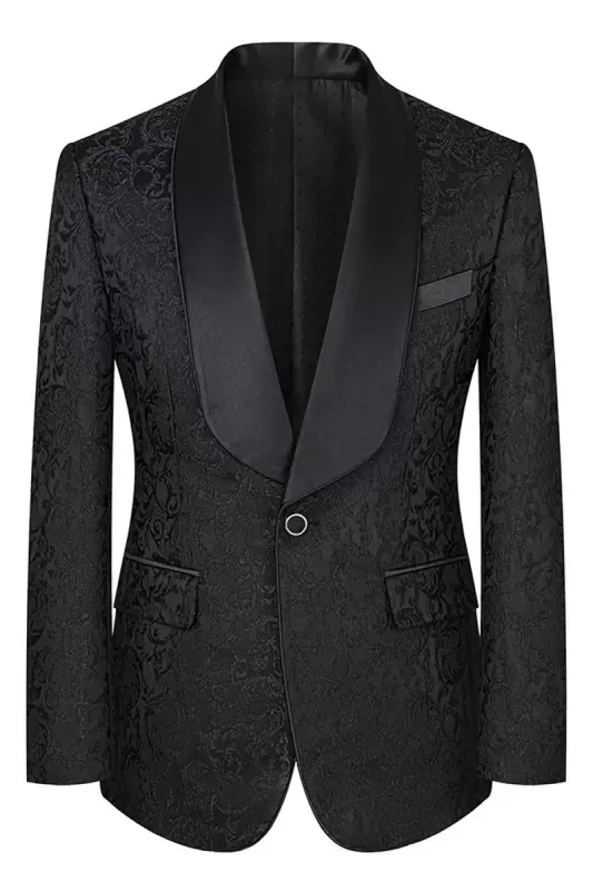 Lou Classic Black Shawl Lapel Three-Piece Jacquard Prom Suit