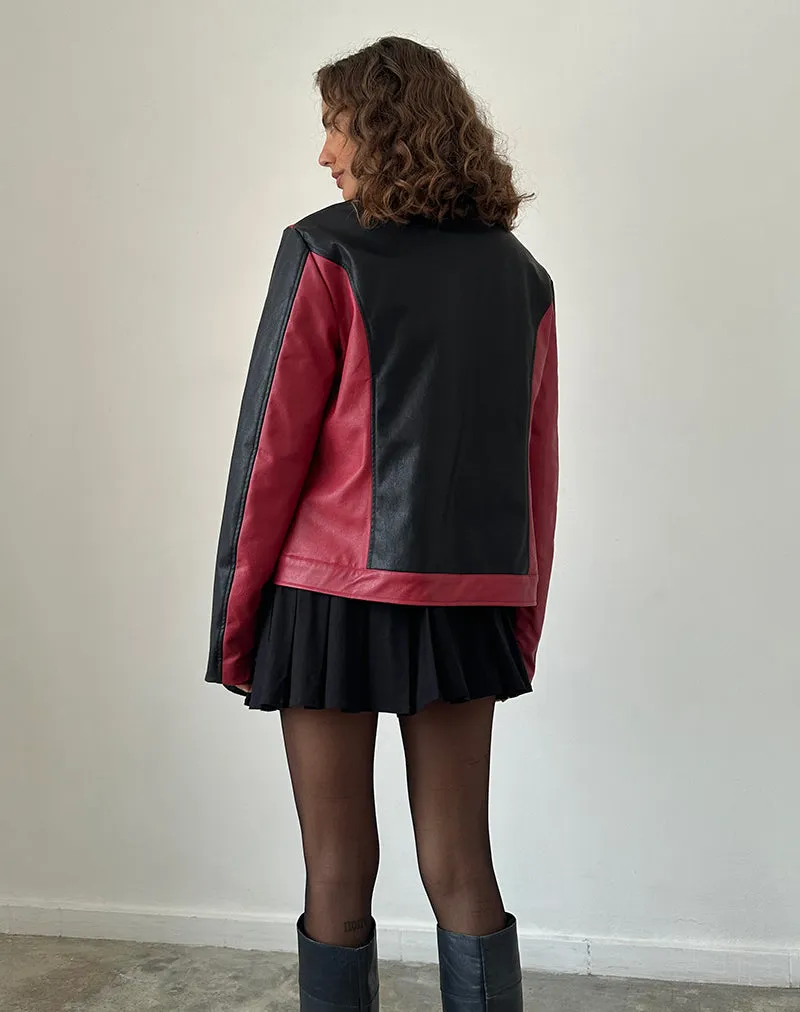 Marion PU Biker Jacket in Red with Black Panels