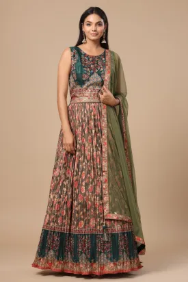 Mehendi Green Tusser Silk Pleated Kalamkari Anarkali Kurta With Net Dupatta