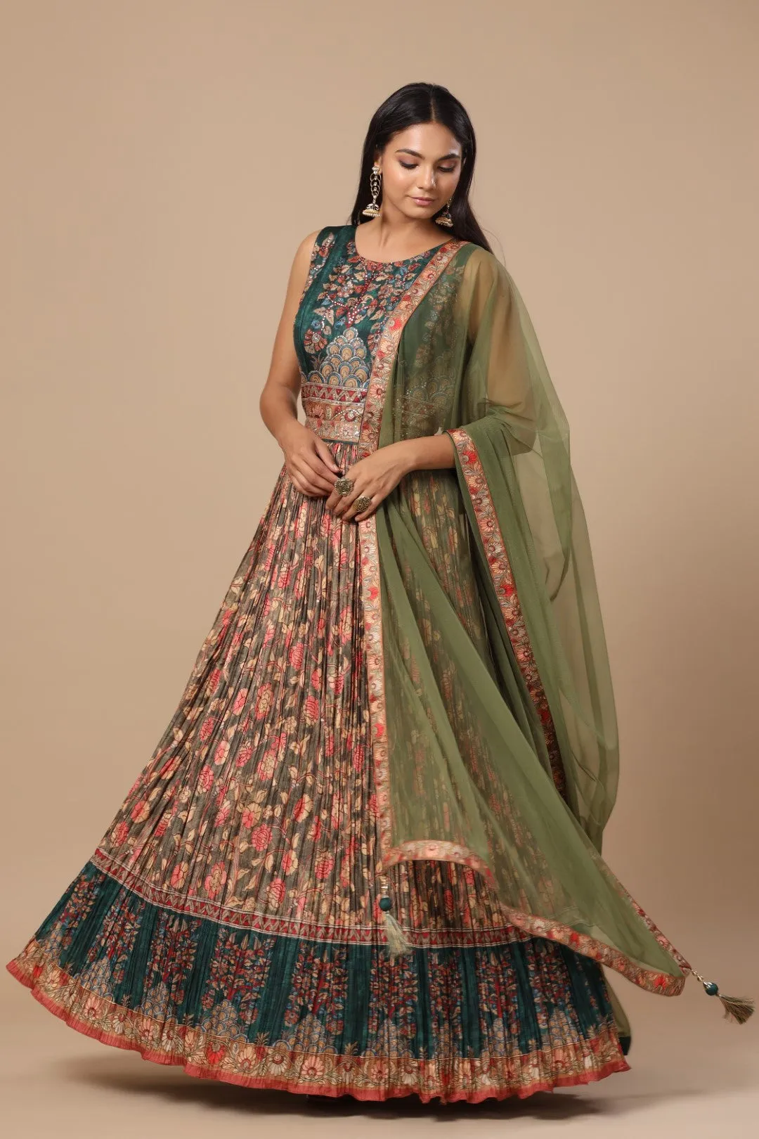 Mehendi Green Tusser Silk Pleated Kalamkari Anarkali Kurta With Net Dupatta