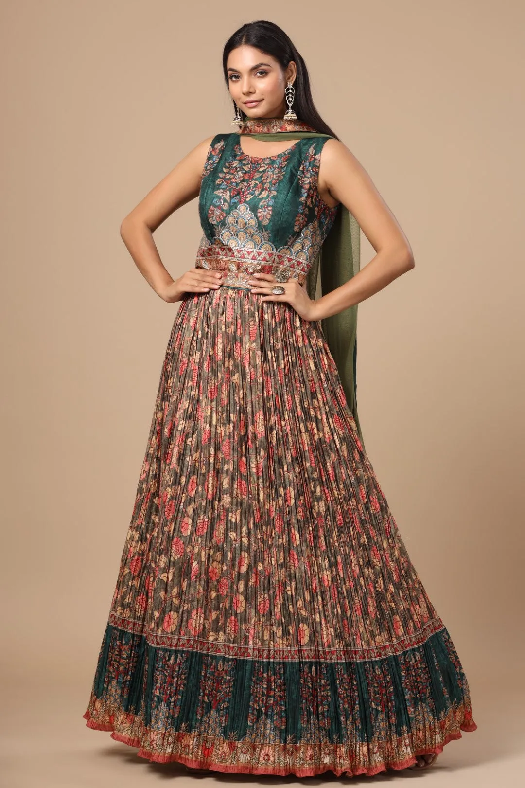 Mehendi Green Tusser Silk Pleated Kalamkari Anarkali Kurta With Net Dupatta