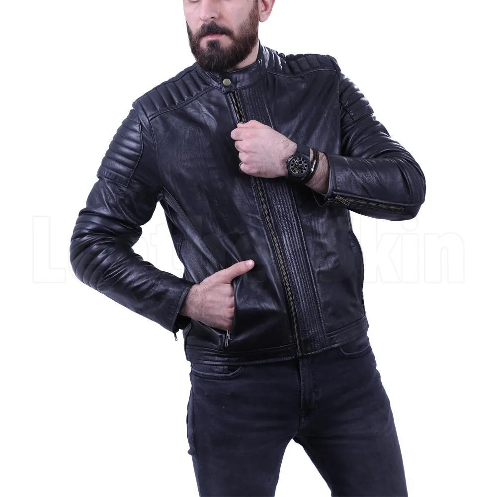 Men's Black leather jacket with antique zippers