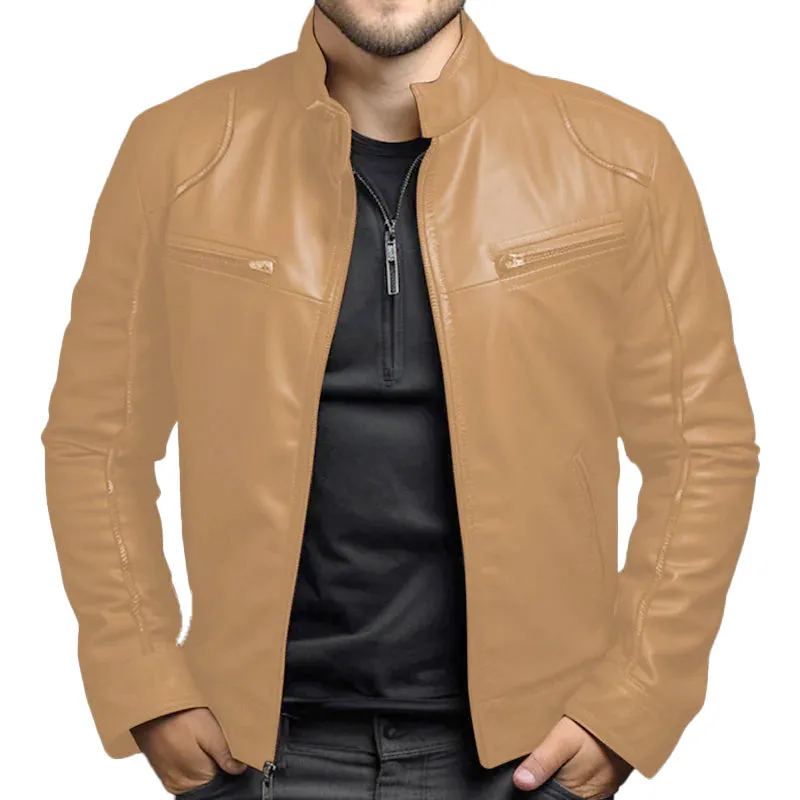 Men's Casual Daily Solid Zipper PU Leather Stand Collar Jacket 250199984