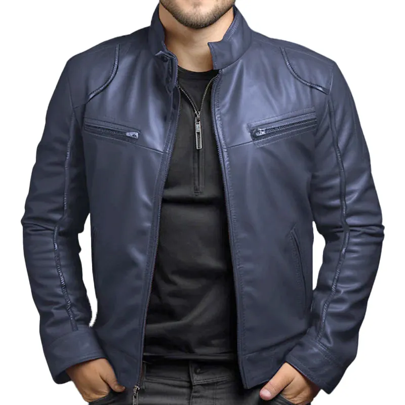 Men's Casual Daily Solid Zipper PU Leather Stand Collar Jacket 250199984