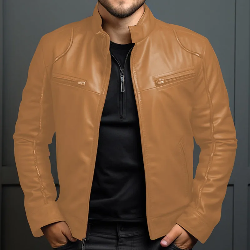 Men's Casual Daily Solid Zipper PU Leather Stand Collar Jacket 250199984