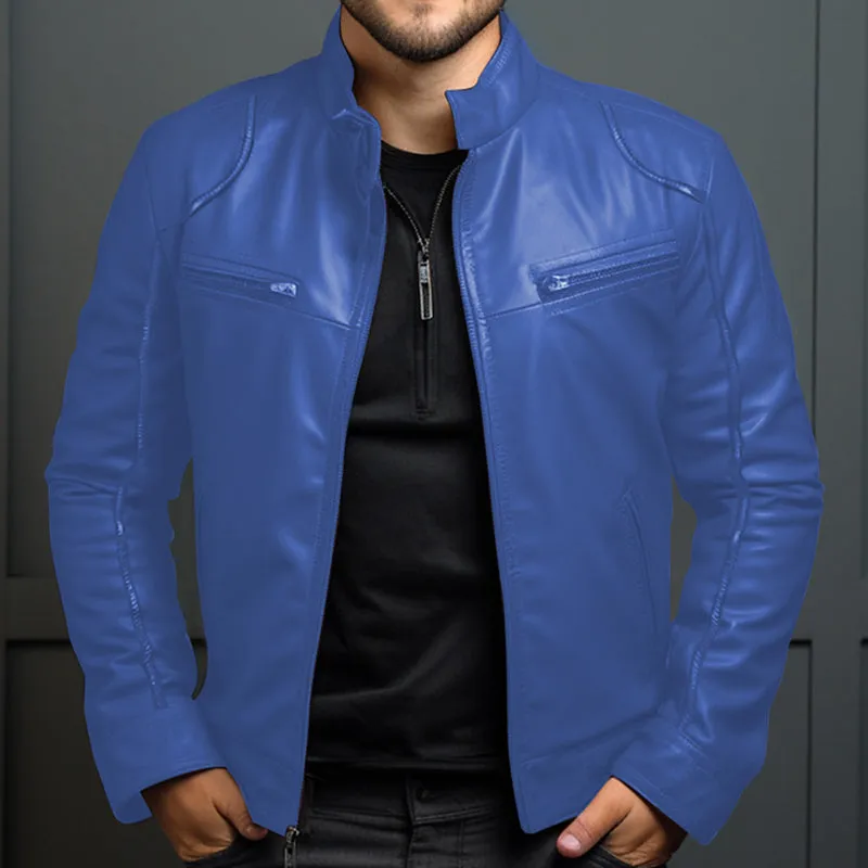 Men's Casual Daily Solid Zipper PU Leather Stand Collar Jacket 250199984