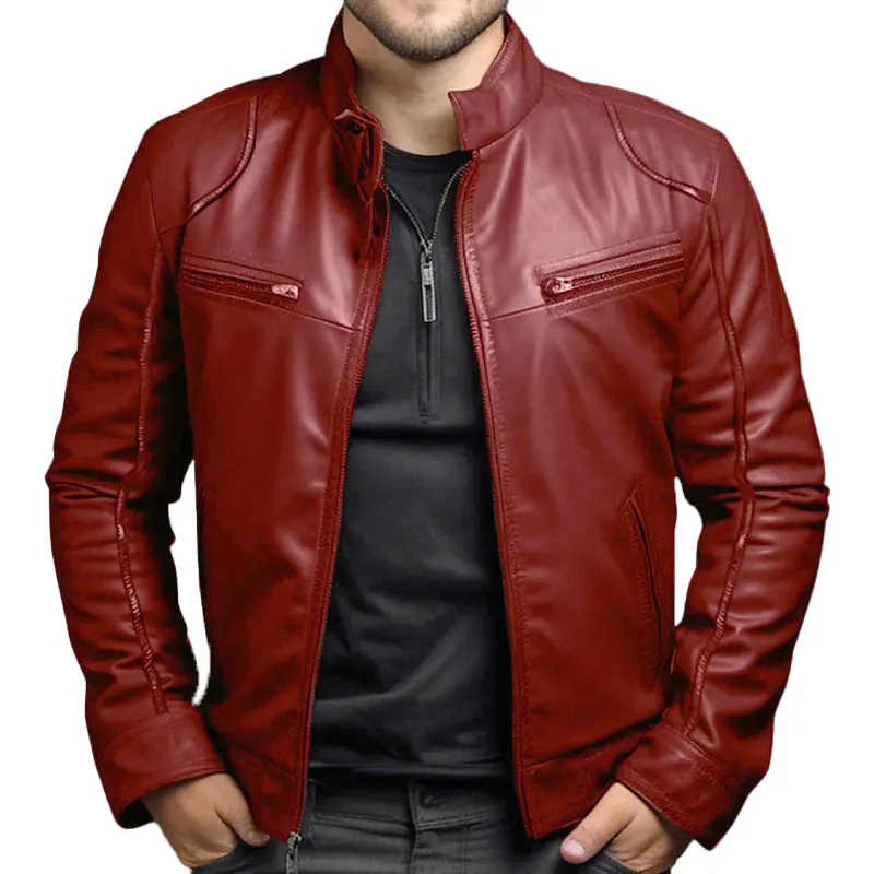 Men's Casual Daily Solid Zipper PU Leather Stand Collar Jacket 250199984