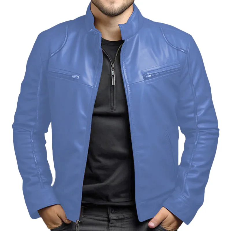 Men's Casual Daily Solid Zipper PU Leather Stand Collar Jacket 250199984