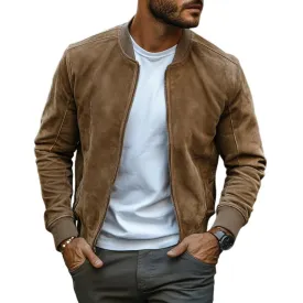 Men's Classic Casual Solid Color Ribbed Collar Zip-Up Suede Jacket 85910807K