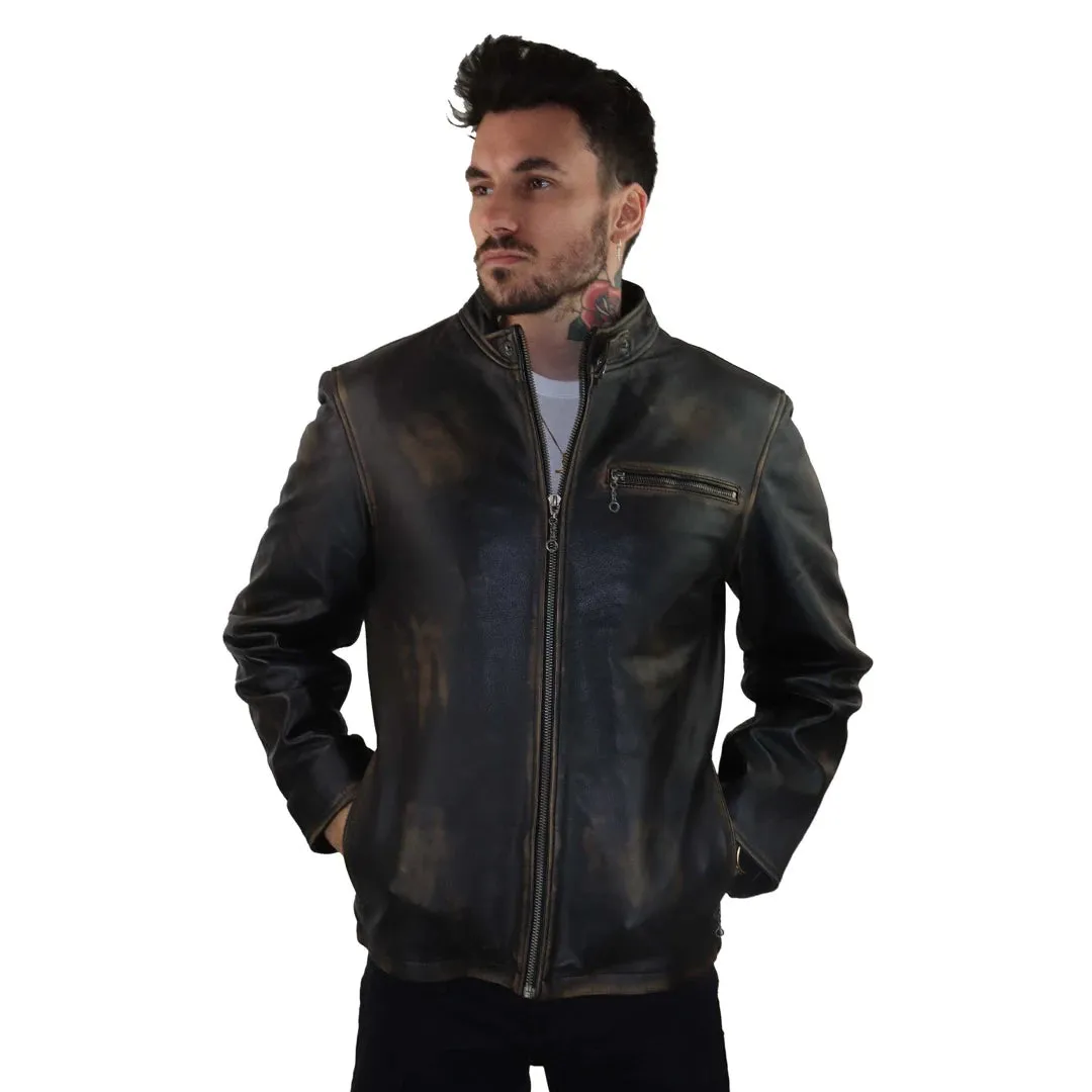 Men's Classic Nehru Leather Jacket Black Brown Zipped Classic