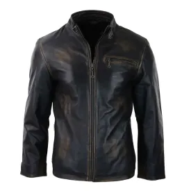 Men's Classic Nehru Leather Jacket Black Brown Zipped Classic