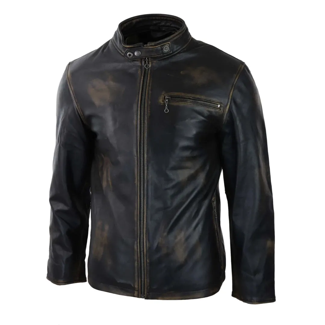 Men's Classic Nehru Leather Jacket Black Brown Zipped Classic