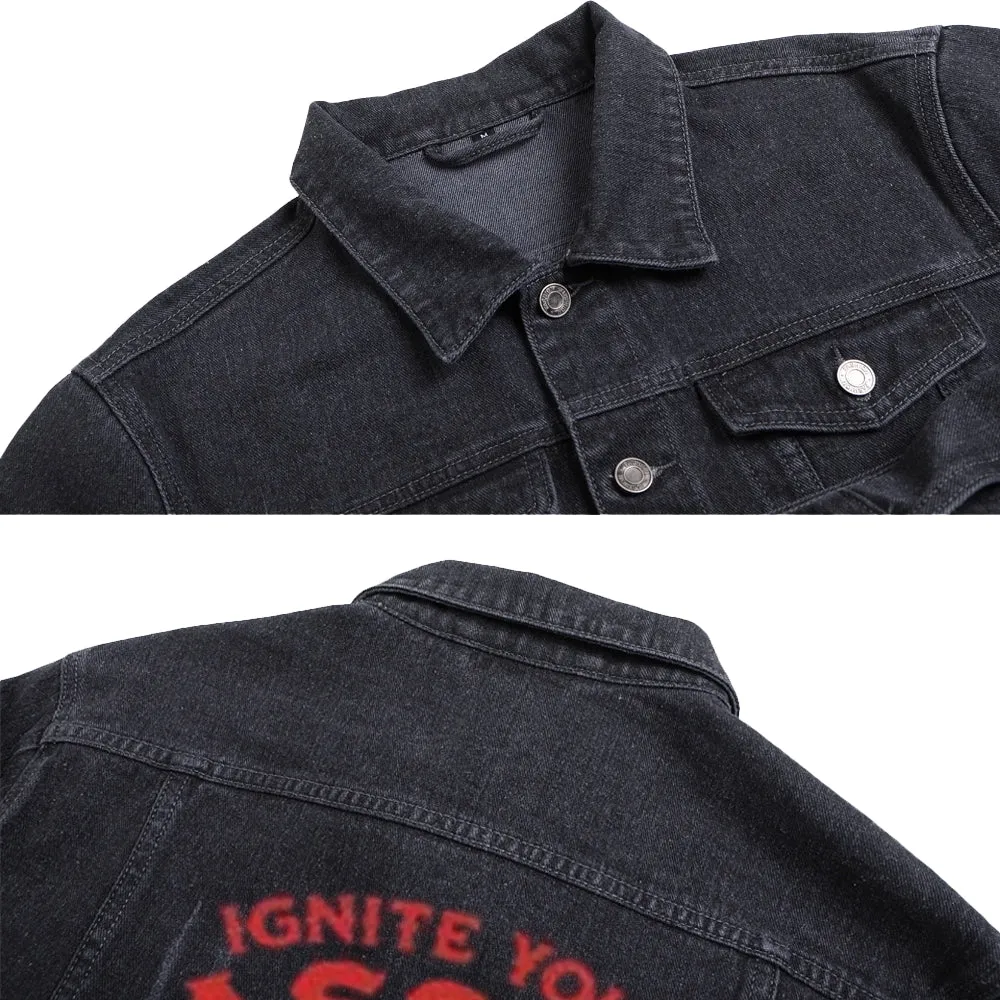 Mens IGNITE YOUR PASSION Graphic Button Up Denim Jacket