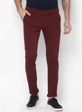 Men's Maroon Cotton Slim Fit Casual Chinos Trousers Stretch