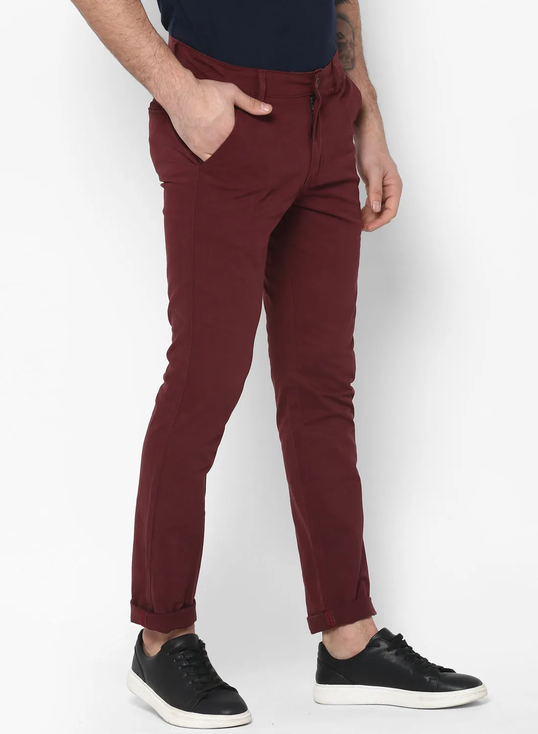 Men's Maroon Cotton Slim Fit Casual Chinos Trousers Stretch