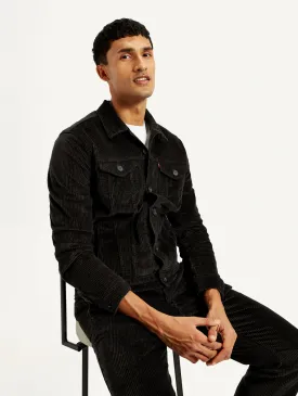 Men's Solid Black Spread Collar Jacket