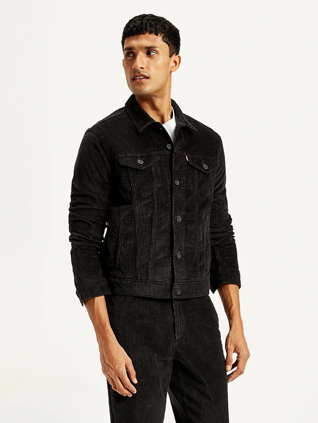 Men's Solid Black Spread Collar Jacket