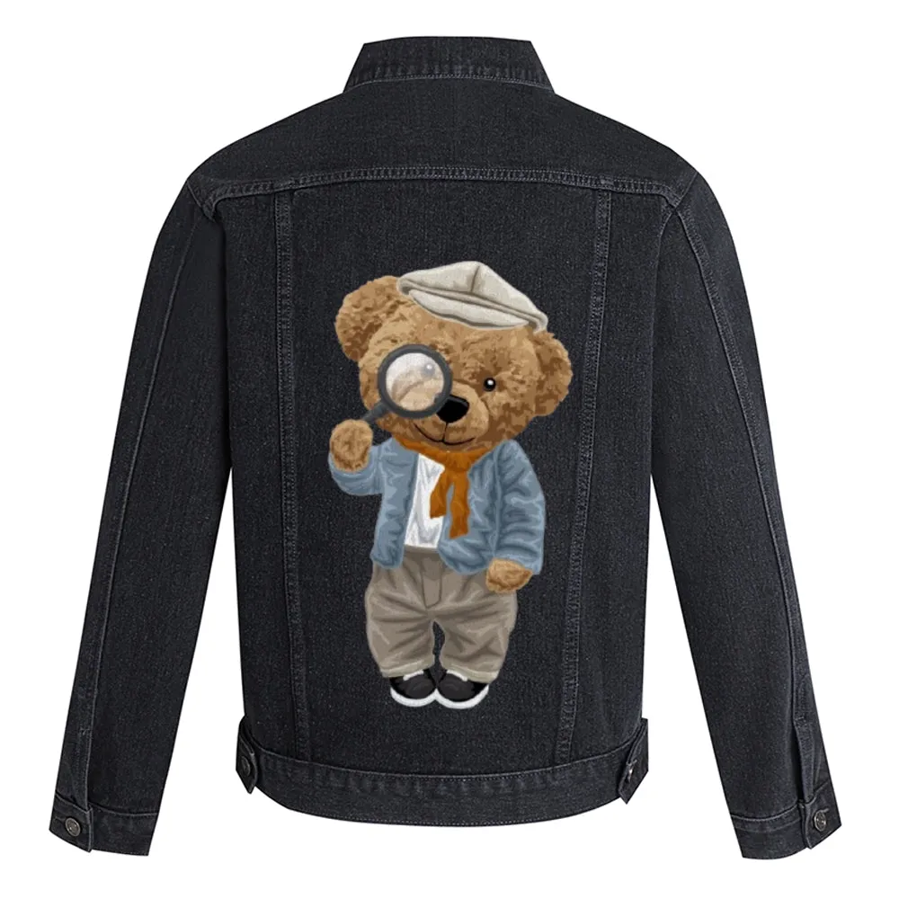 Mens Vintage Cartoon Cute Bear Prints Detective Denim Jacket