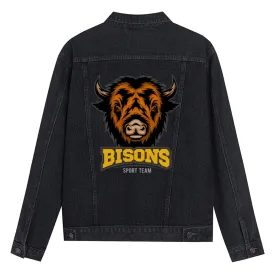 Mens Vintage Cartoon Prints BISONS Denim Jacket