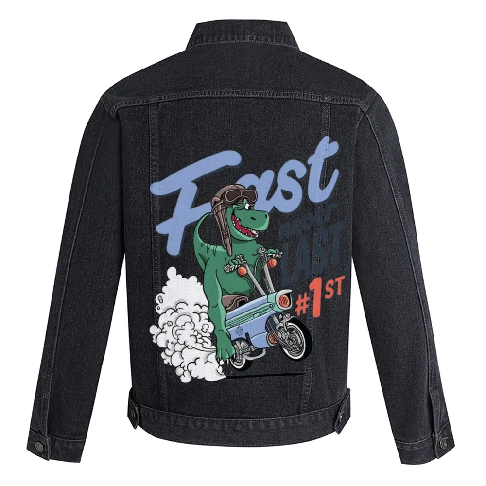 Mens Vintage Cartoon Prints Fast Never Last 1ST Denim Jacket