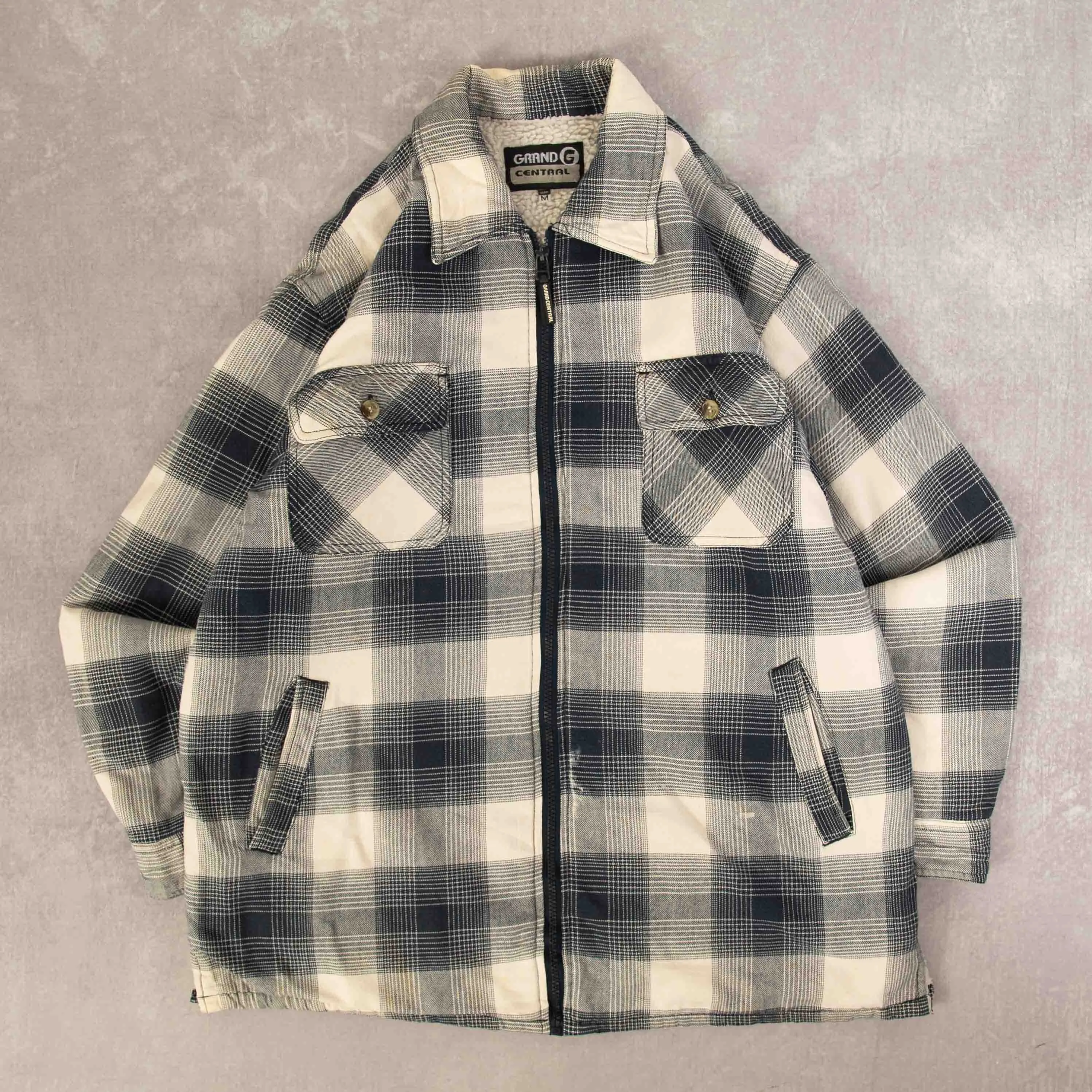 MEN'S VINTAGE CHECKED SHERPA LINED FULL ZIP SHIRT JACKET - MEDIUM