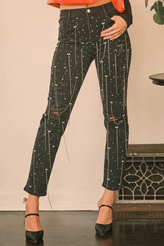 Mid Rise Rhinestone Fringe Denim Jeans Black