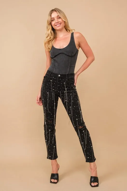 Mid Rise Rhinestone Fringe Denim Jeans Black