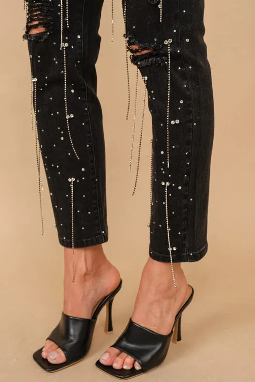 Mid Rise Rhinestone Fringe Denim Jeans Black