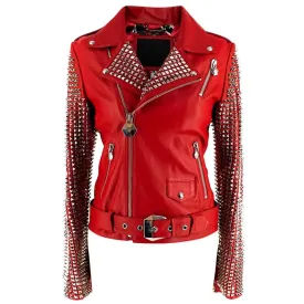 New Women's Red studded Fashion Motorcycle  Leather Biker Jacket