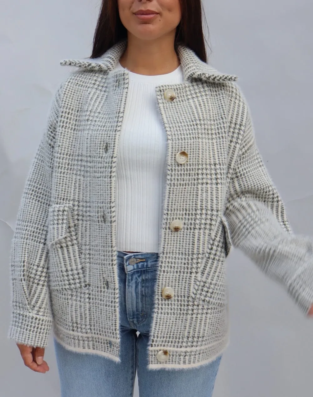 OLIVE & IVORY PLAID SWEATER JACKET