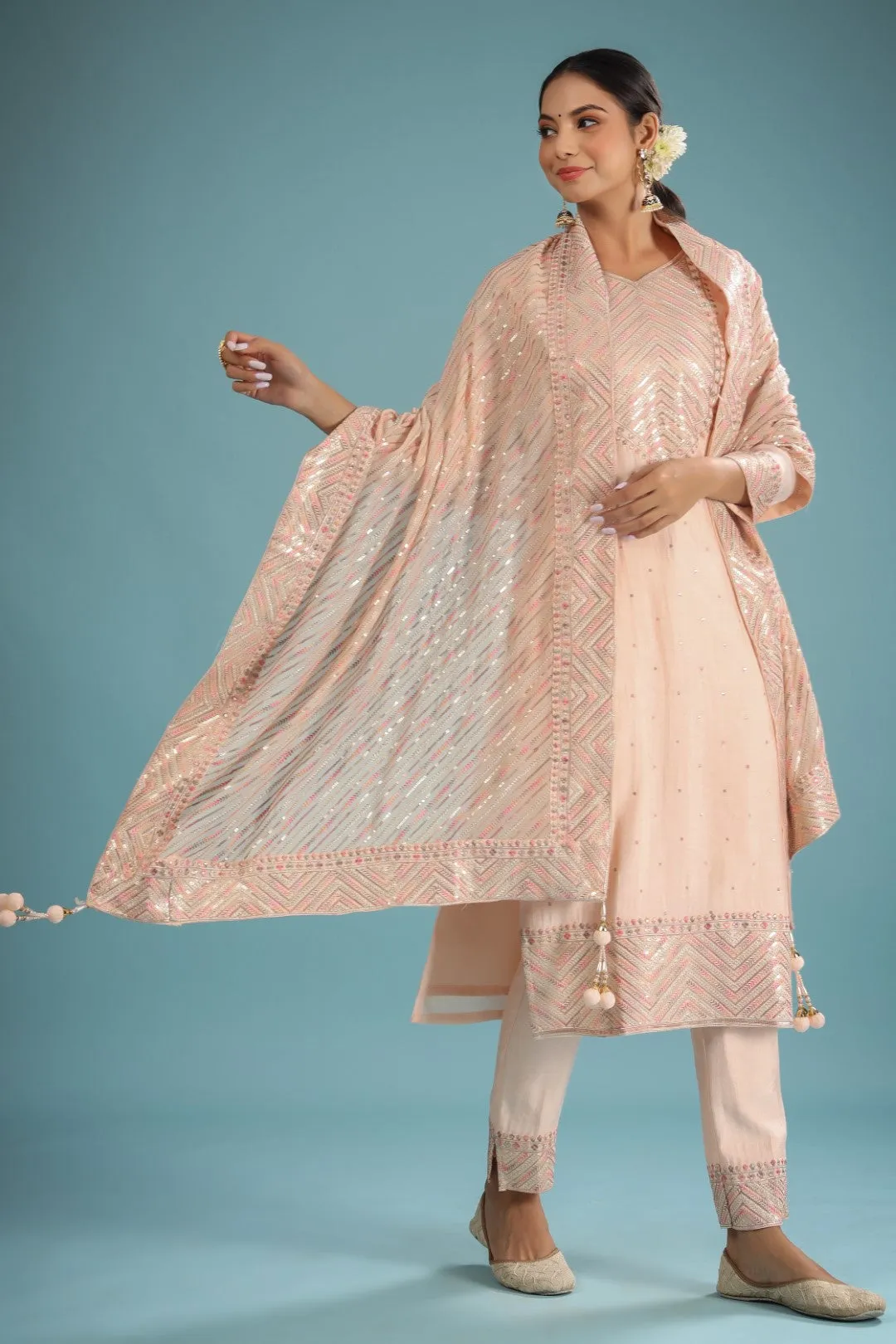 Peach Chanderi Resham Zari Embroidered Suit Set