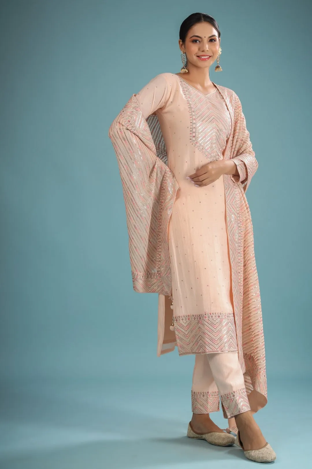 Peach Chanderi Resham Zari Embroidered Suit Set