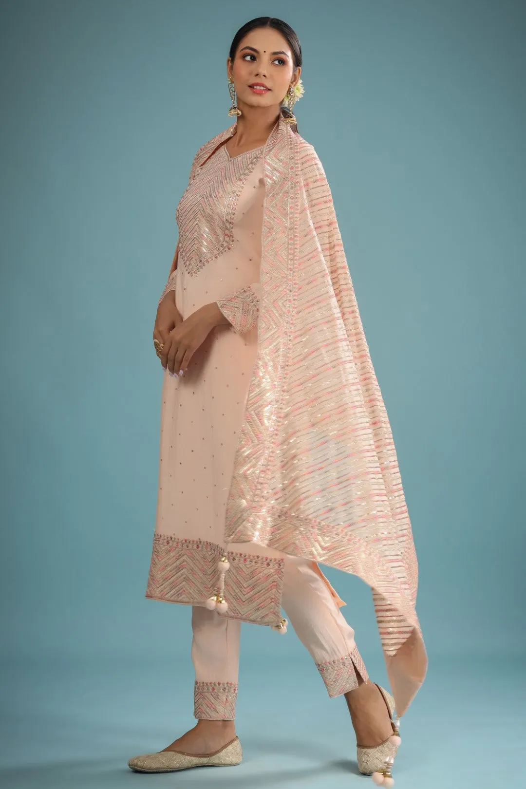 Peach Chanderi Resham Zari Embroidered Suit Set