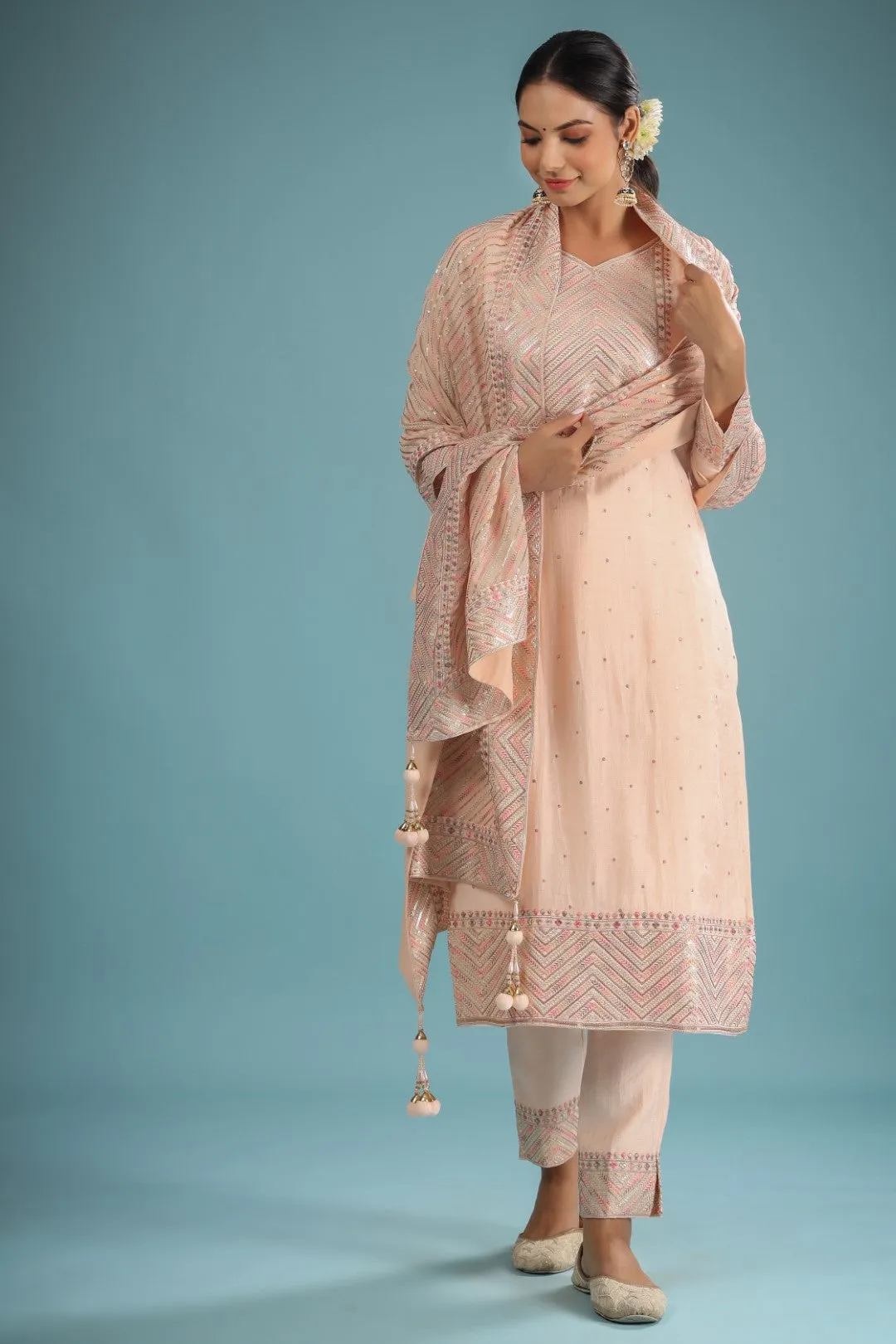 Peach Chanderi Resham Zari Embroidered Suit Set