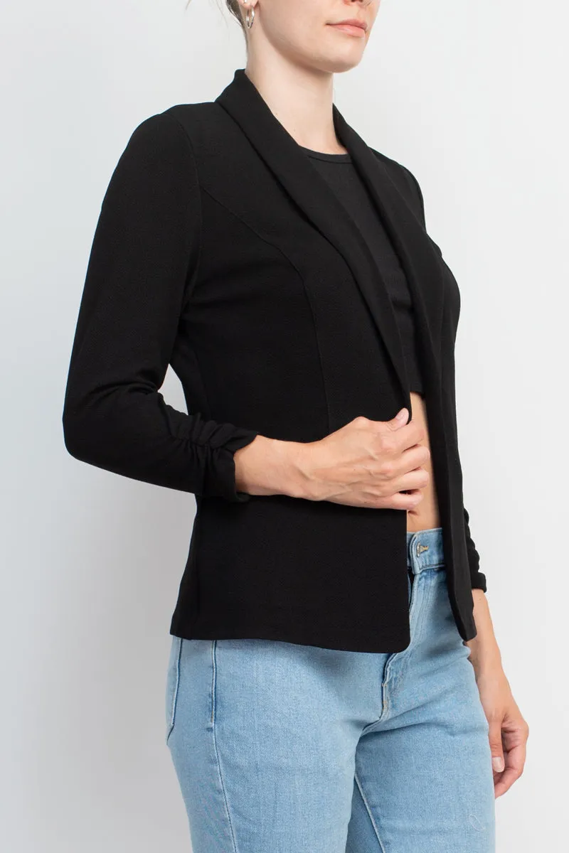 Philosophy Shawl Collar 3/4 Ruched Sleeve Knit Crepe with Belt Pockets