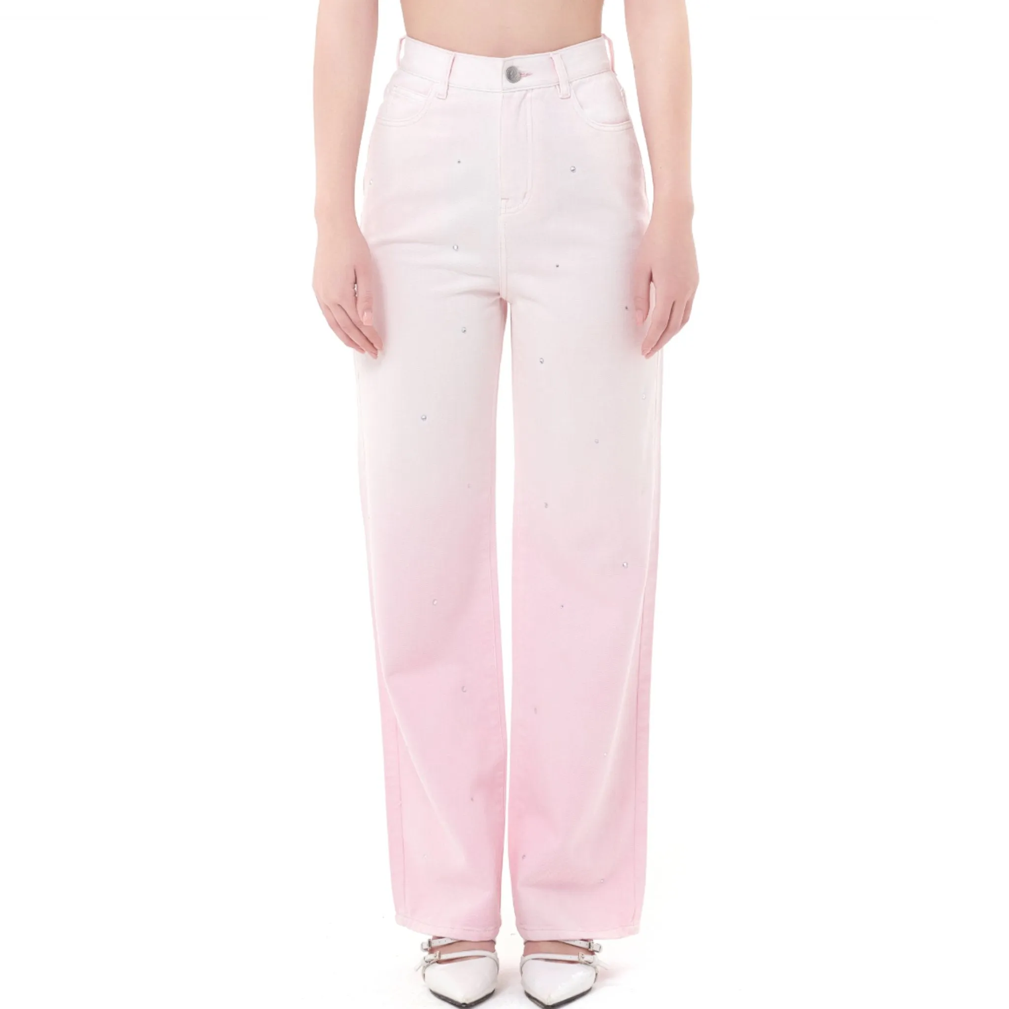 Pink Gradient Rhinestone Straight Leg Jeans