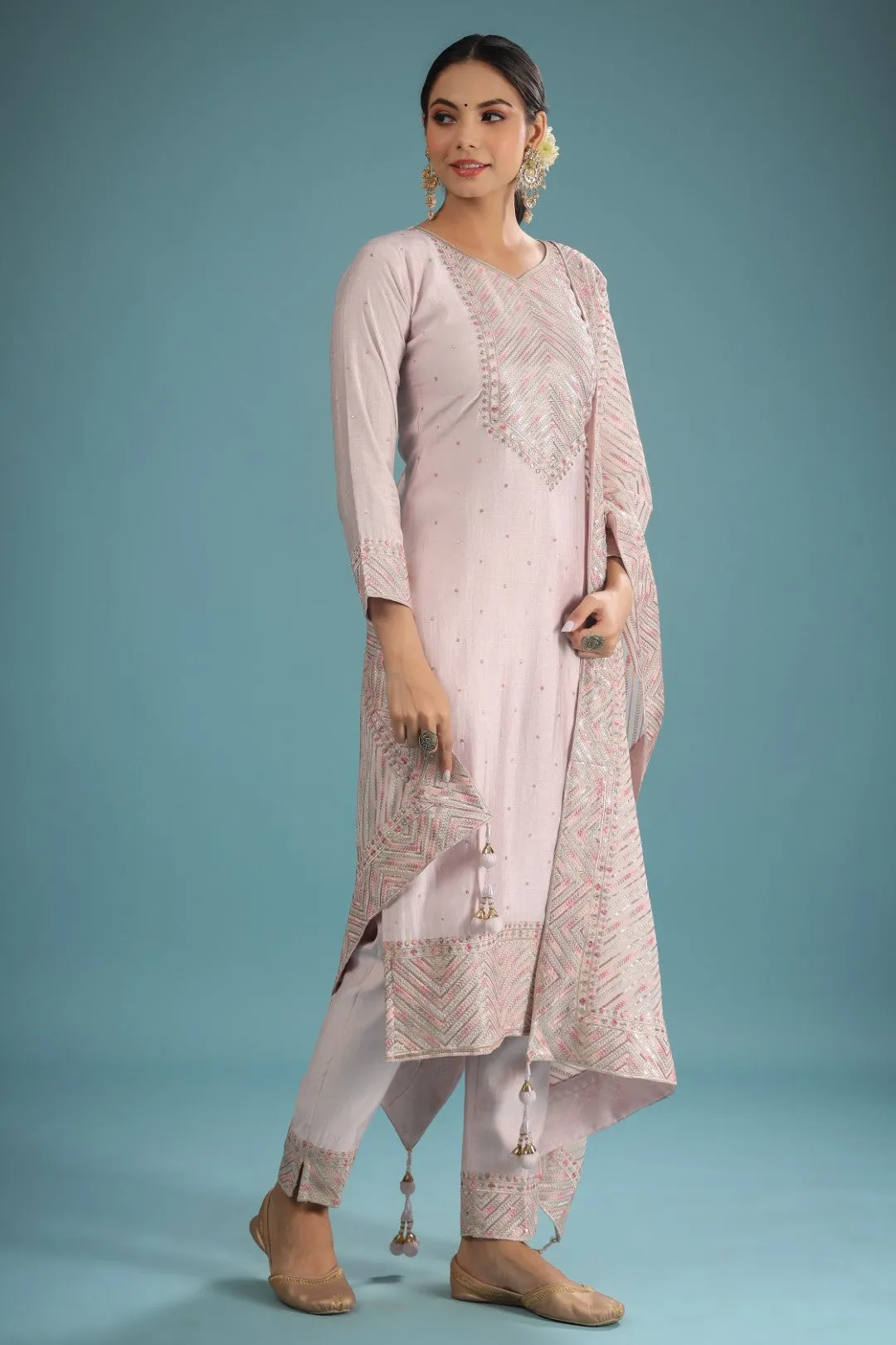 Purple Liliac Chanderi Zari Resham Embroidered Suit Set