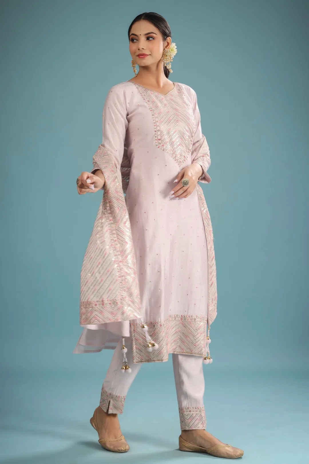 Purple Liliac Chanderi Zari Resham Embroidered Suit Set