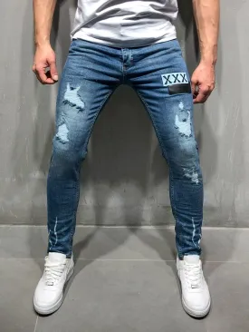 Random Ripped Jeans Patched - Blue