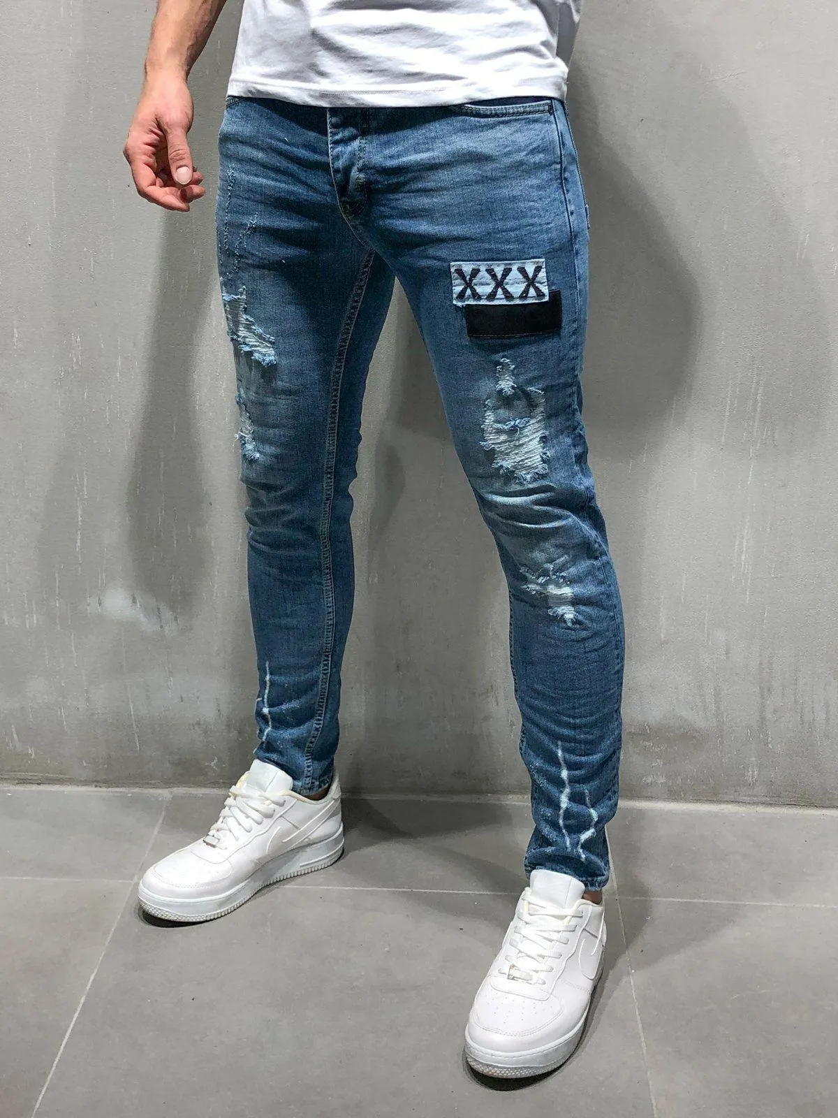 Random Ripped Jeans Patched - Blue