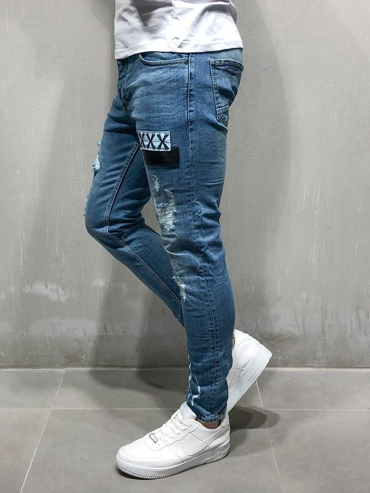 Random Ripped Jeans Patched - Blue