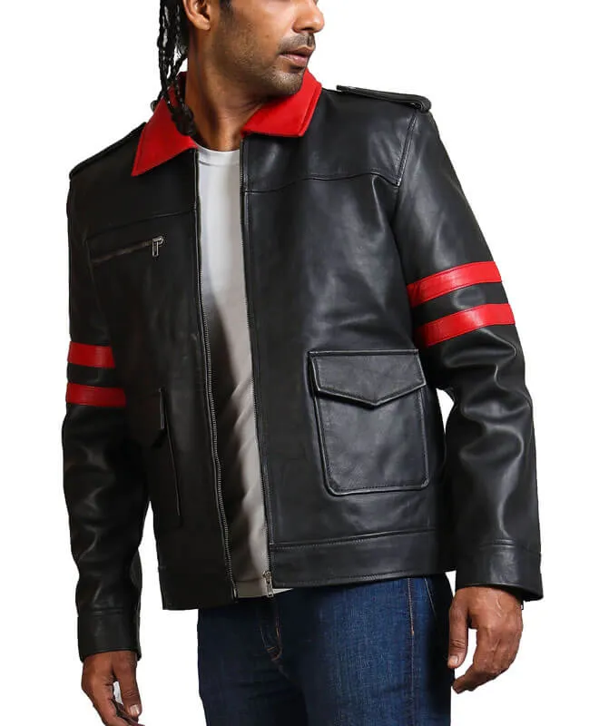 Red Collar Black Leather Jacket