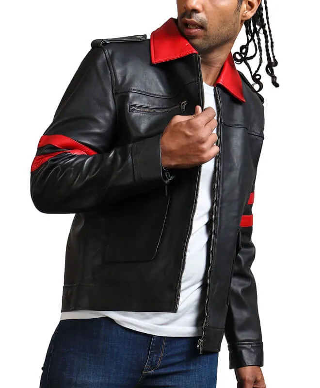 Red Collar Black Leather Jacket