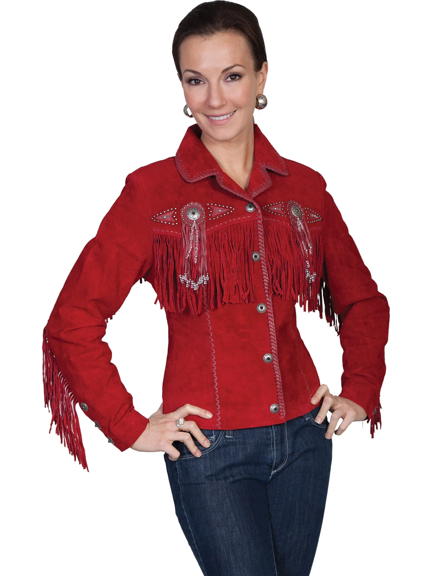 Red Fringe & Beaded Suede Jacket by Scully at Bourbon Cowgirl