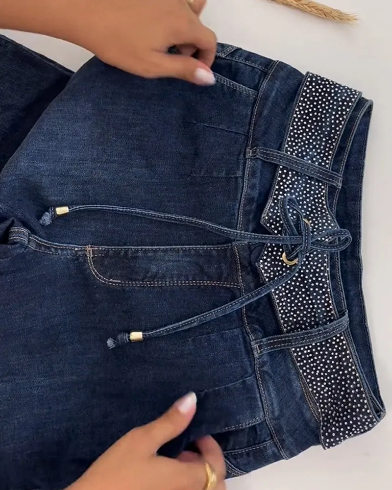 Rhinestone Belt Shape Jeans