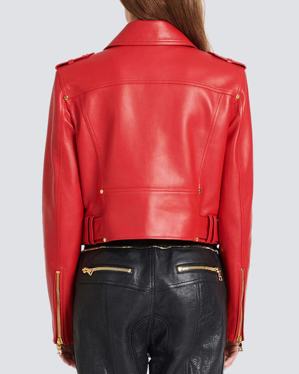 Rouge Leather Cropped Belted Biker Jacket