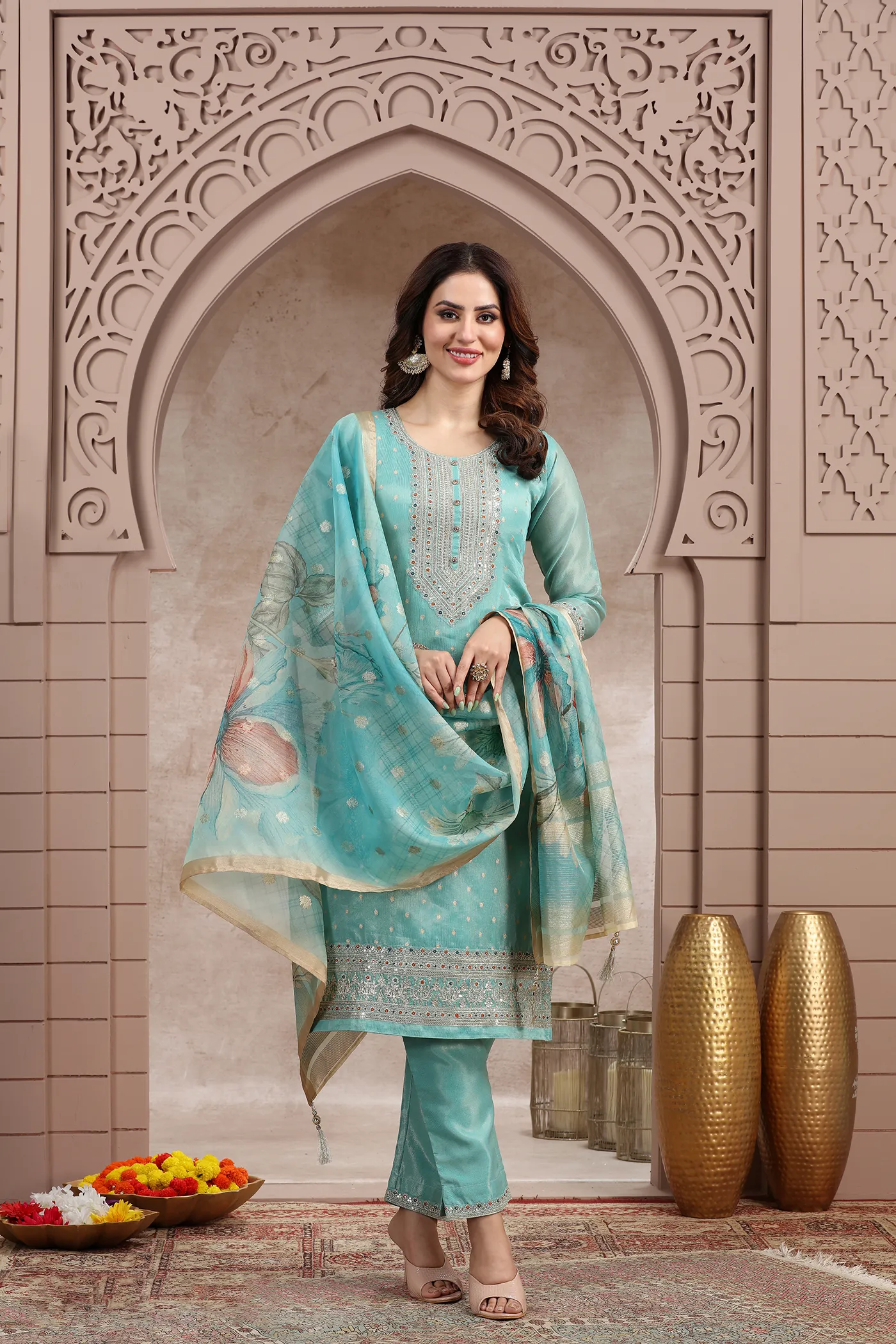 Sea Green Embroidered Tissue Suit Set