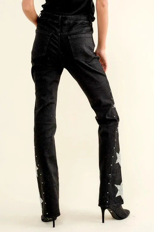 Side Star Glitter Bell Bottom Jeans