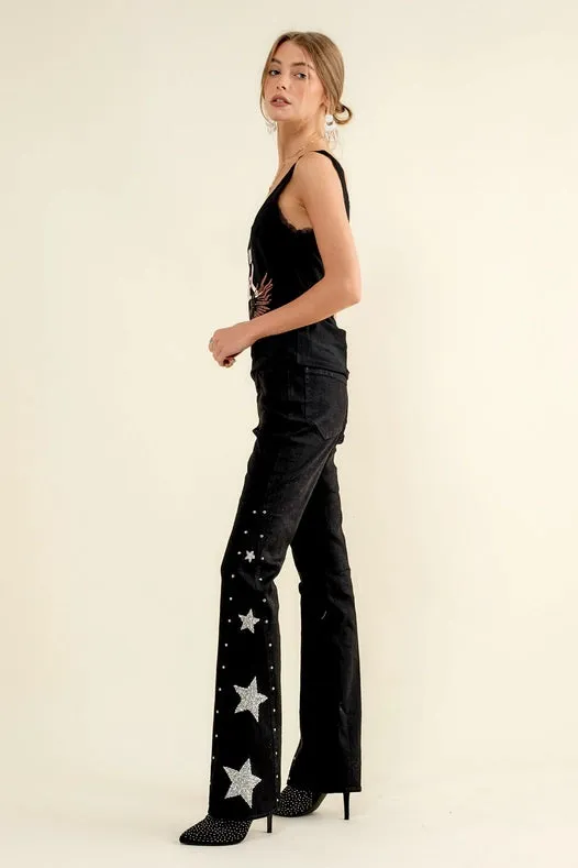 Side Star Glitter Bell Bottom Jeans