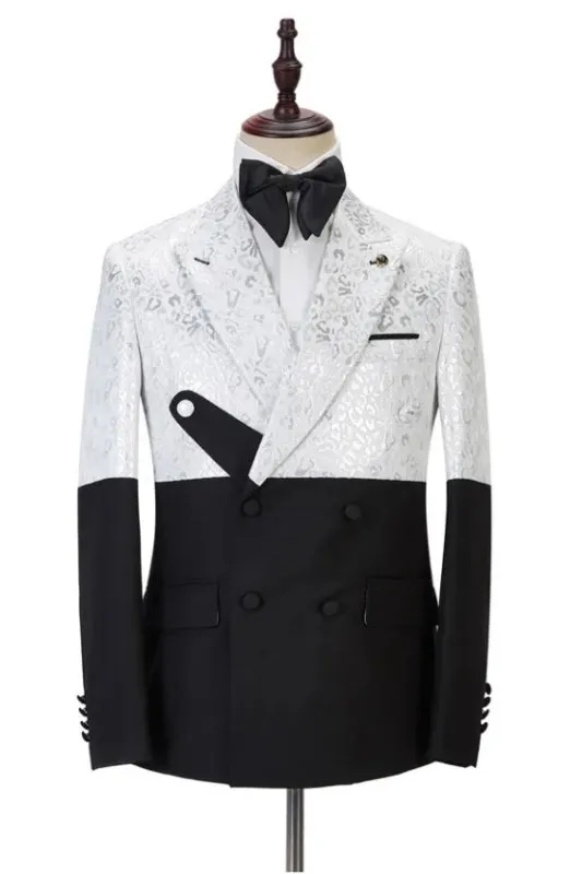 Silvester Glamorous White Jacquard Double-Breasted Peaked Lapel Prom Suit